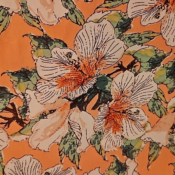 MAX STUDIO Geometric Floral Print Smocked Waist Dress Coral Green Hibiscus L NWT - Picture 5 of 12